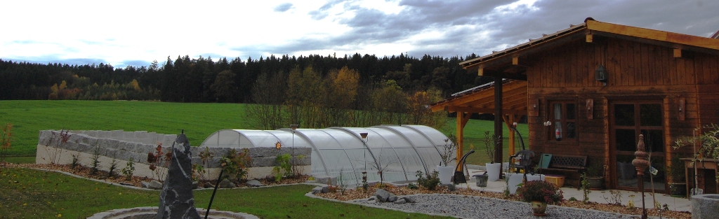 Sch&ouml;ner Blick auf den Poolbereich und das Gartenhaus 