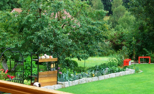 von der neuen Terrasse Blick zum Gem&uuml;se und Obstgarten